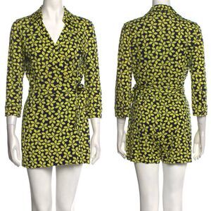 Diane Von Furstenberg Blue Yellow Floral Romper Women's Size 4 US Cotton Silk